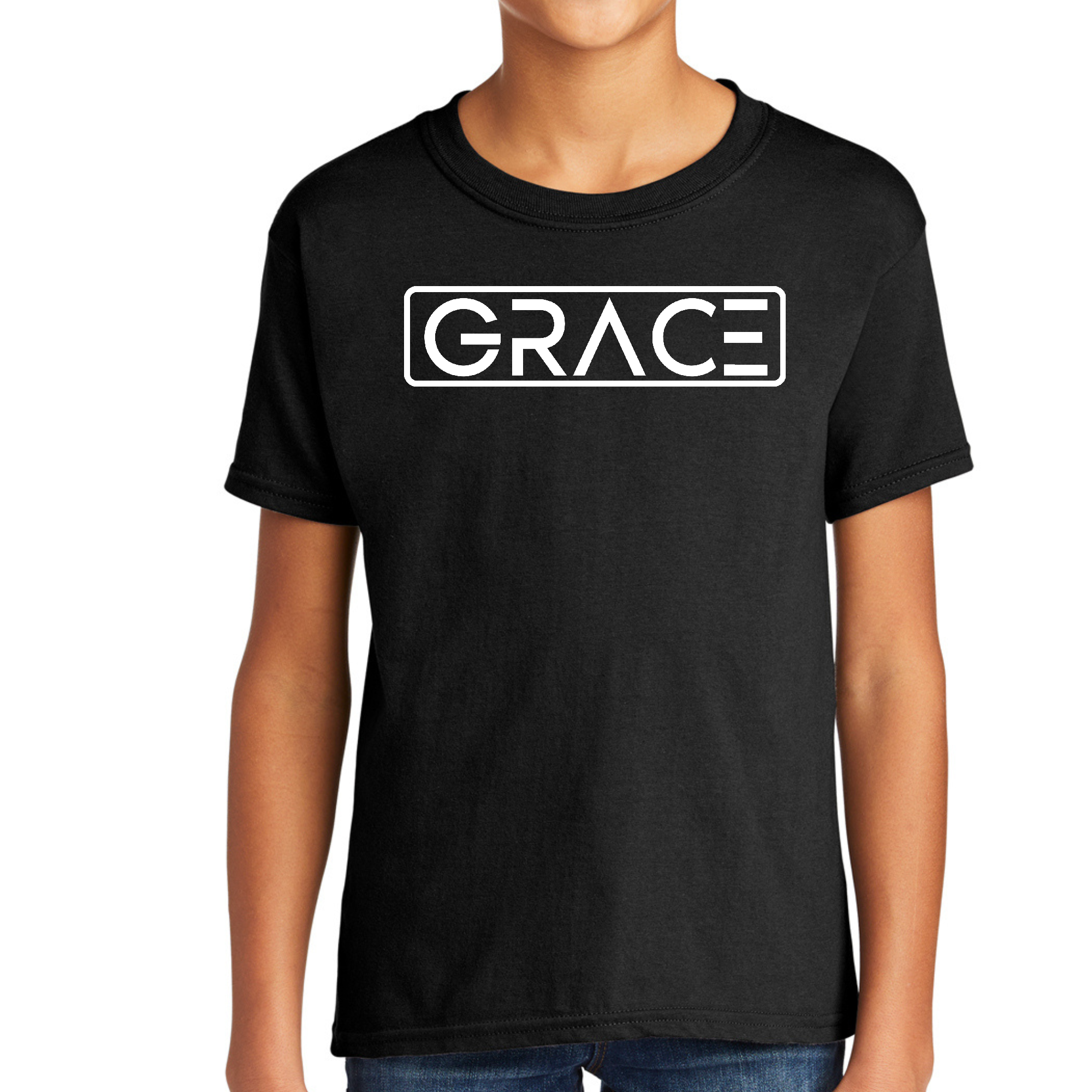 Youth Short Sleeve T-shirt Grace in various colors, showcasing its soft cotton fabric and stylish graphic design.