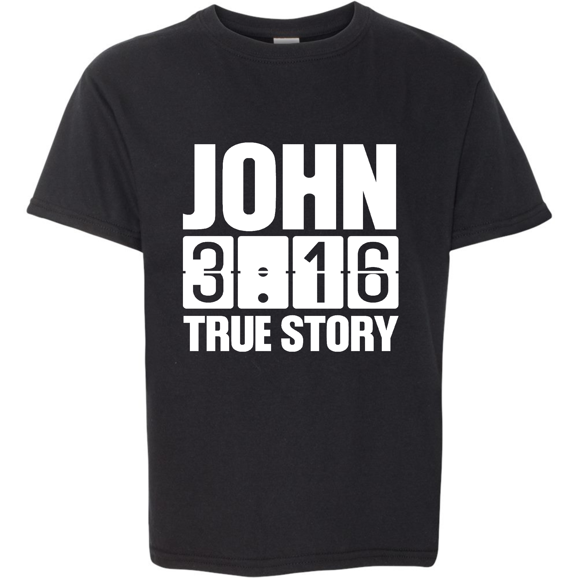 Youth Short Sleeve T-shirt featuring John 3:16 True Story print, made from soft preshrunk cotton with a classic fit.