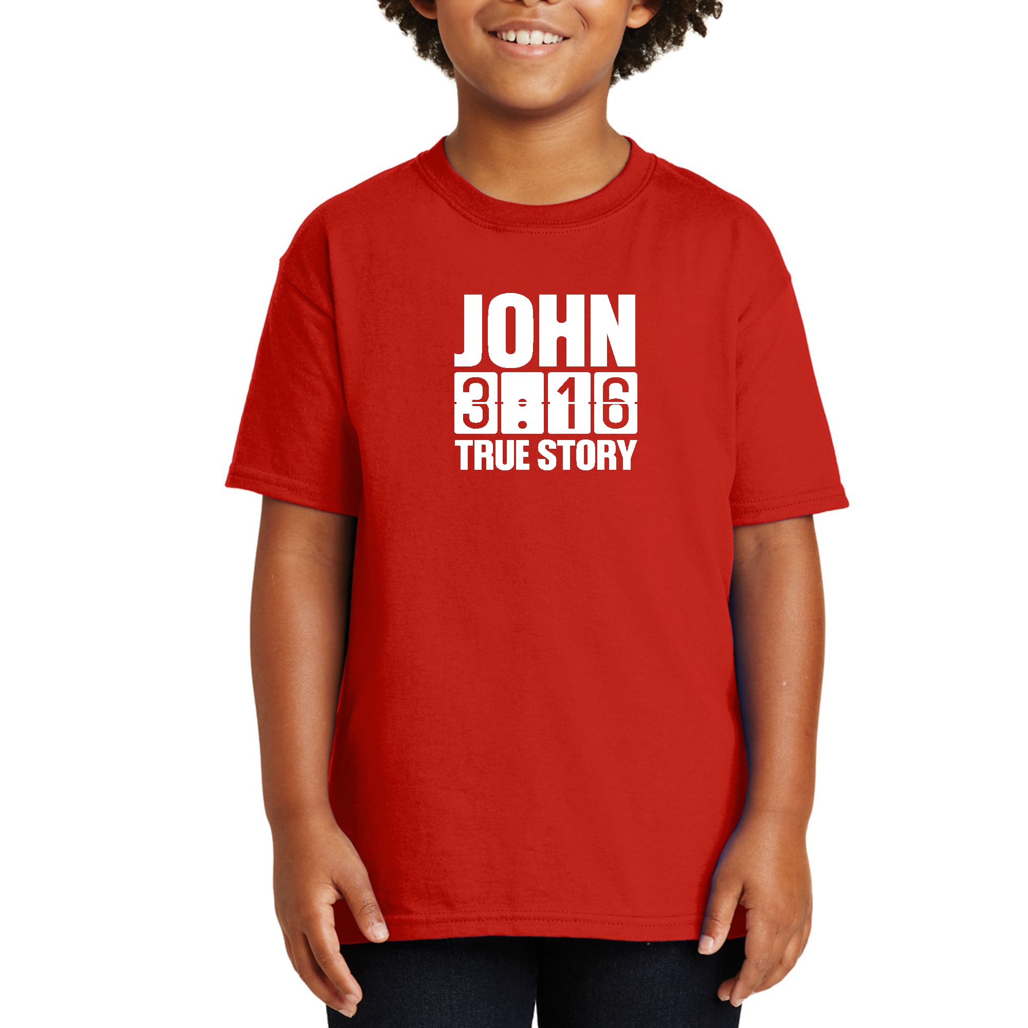Youth Short Sleeve T-shirt featuring John 3:16 True Story print, made from soft preshrunk cotton with a classic fit.