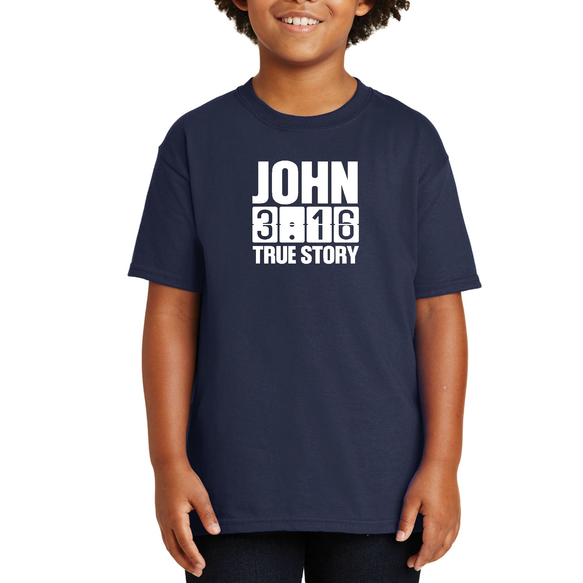 Youth Short Sleeve T-shirt featuring John 3:16 True Story print, made from soft preshrunk cotton with a classic fit.