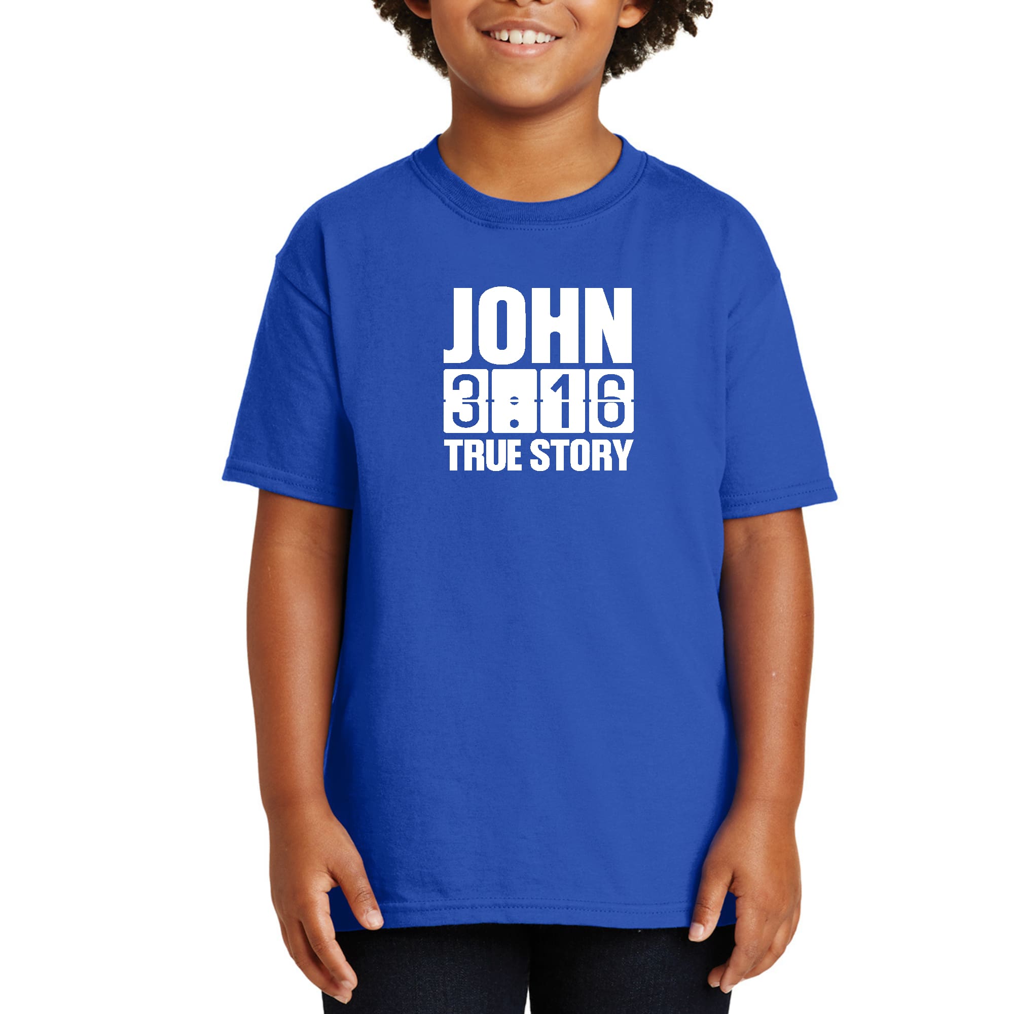 Youth Short Sleeve T-shirt featuring John 3:16 True Story print, made from soft preshrunk cotton with a classic fit.