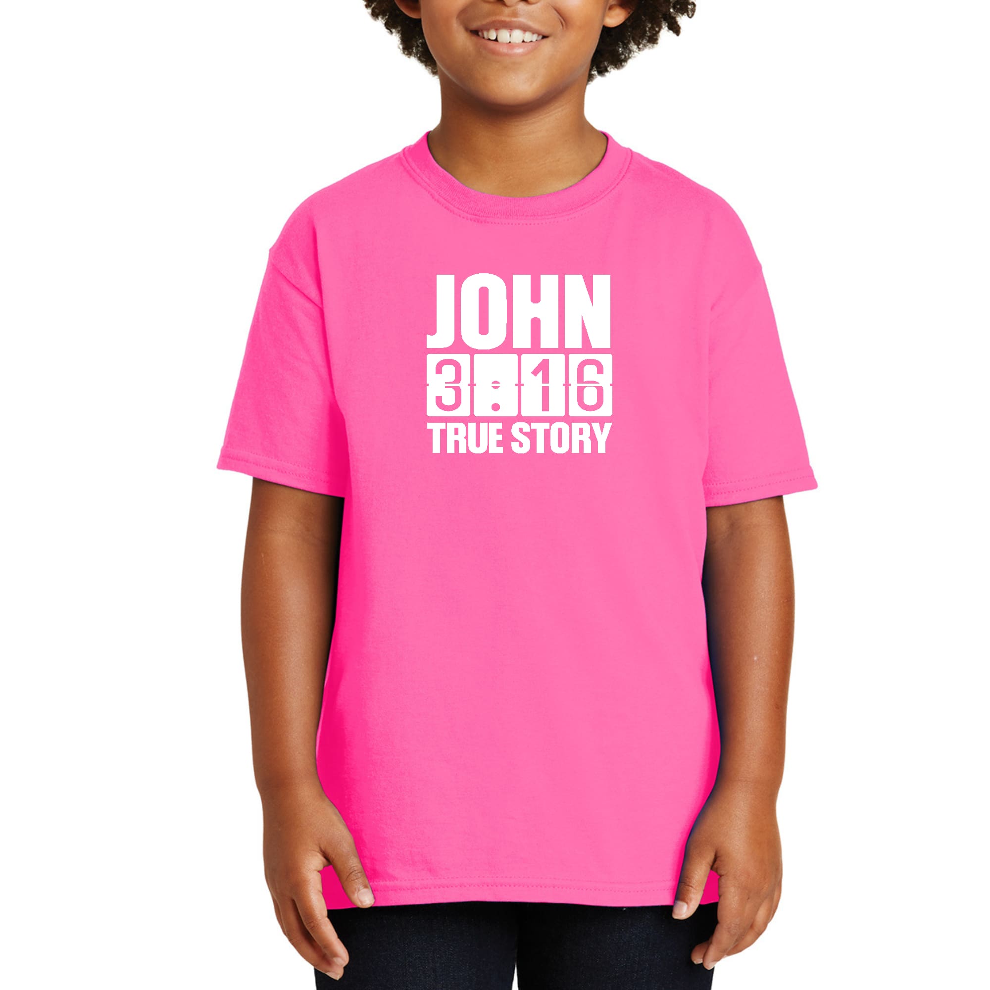 Youth Short Sleeve T-shirt featuring John 3:16 True Story print, made from soft preshrunk cotton with a classic fit.