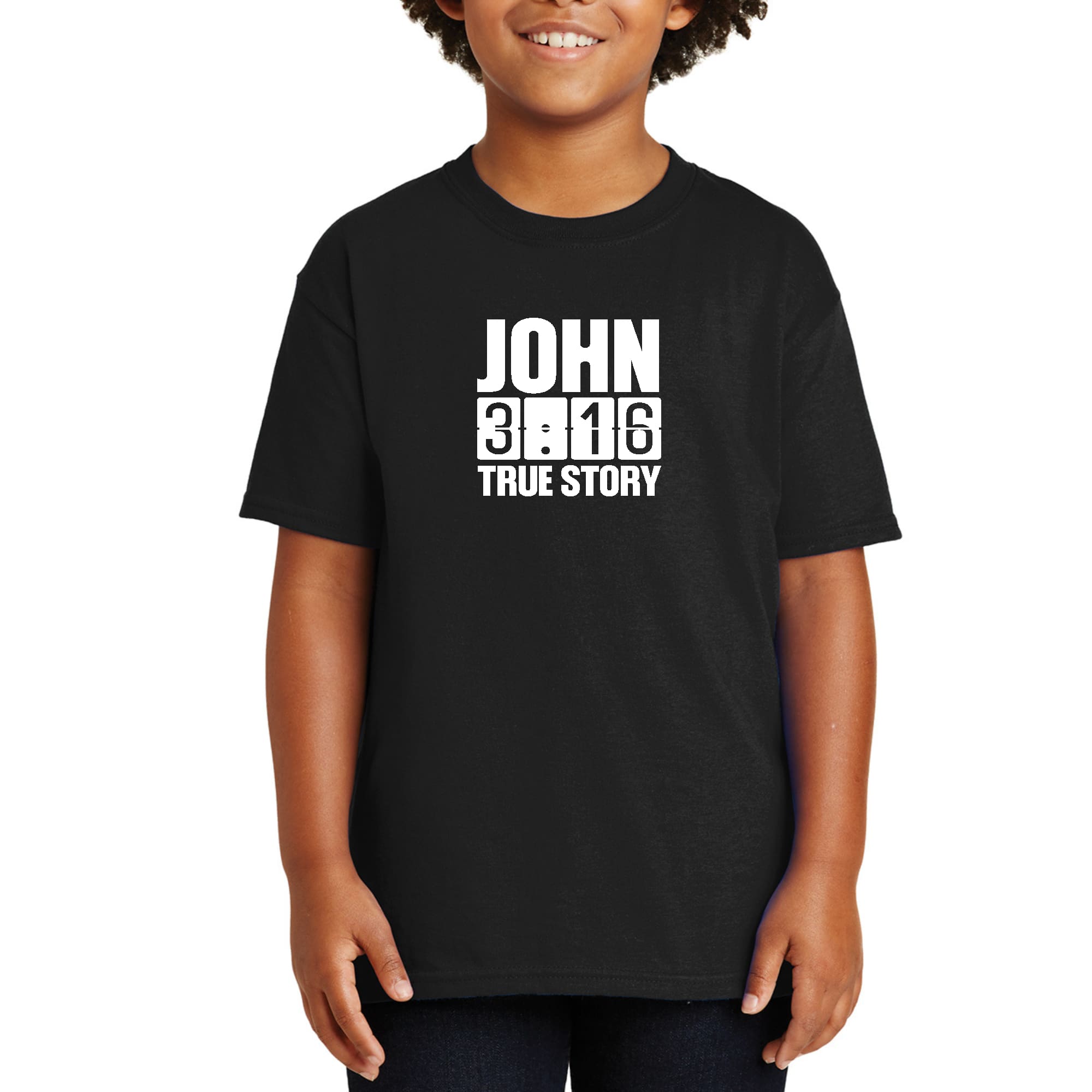 Youth Short Sleeve T-shirt featuring John 3:16 True Story print, made from soft preshrunk cotton with a classic fit.