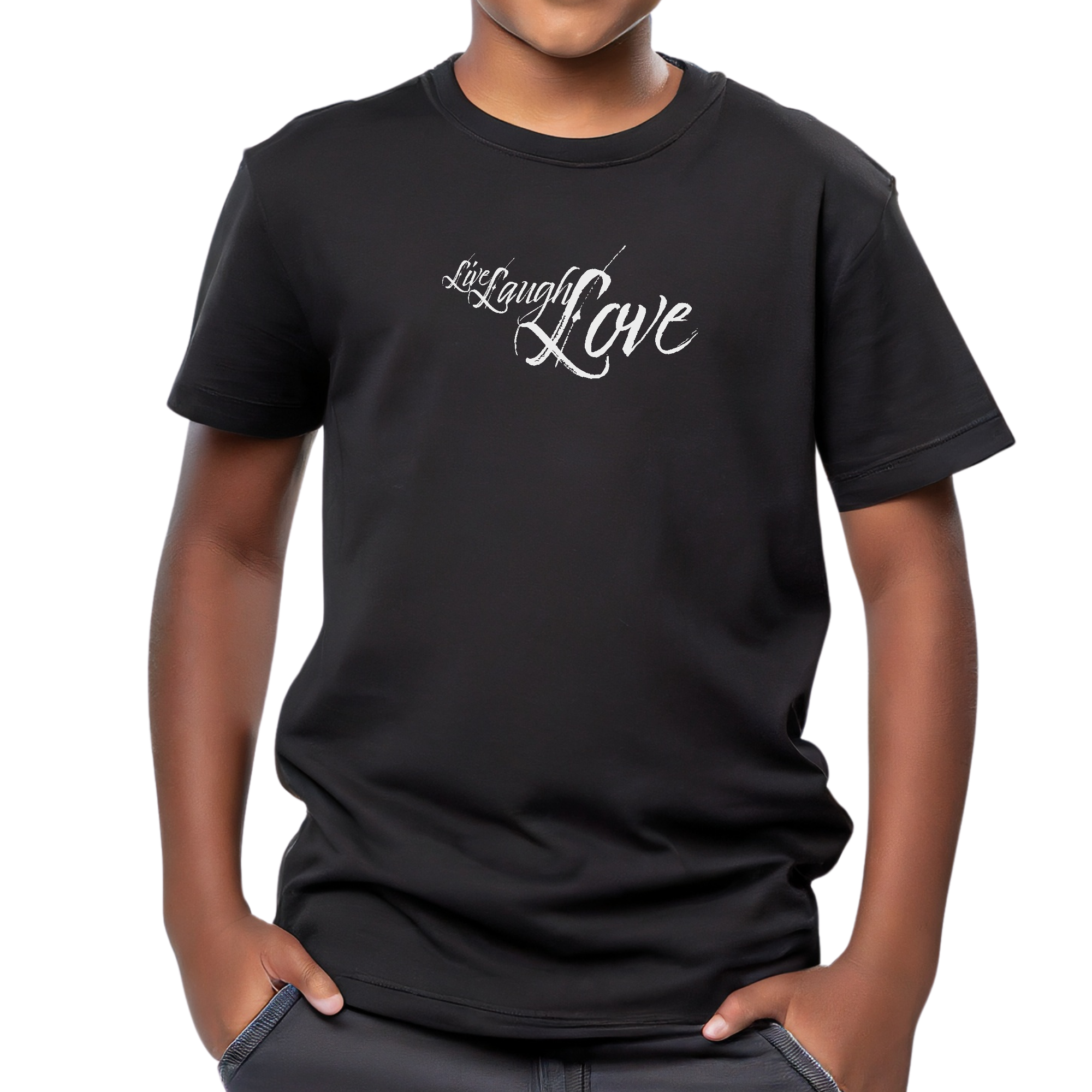 Youth light grey short sleeve T-shirt with 'Live Laugh Love' graphic illustration, made from soft preshrunk cotton.