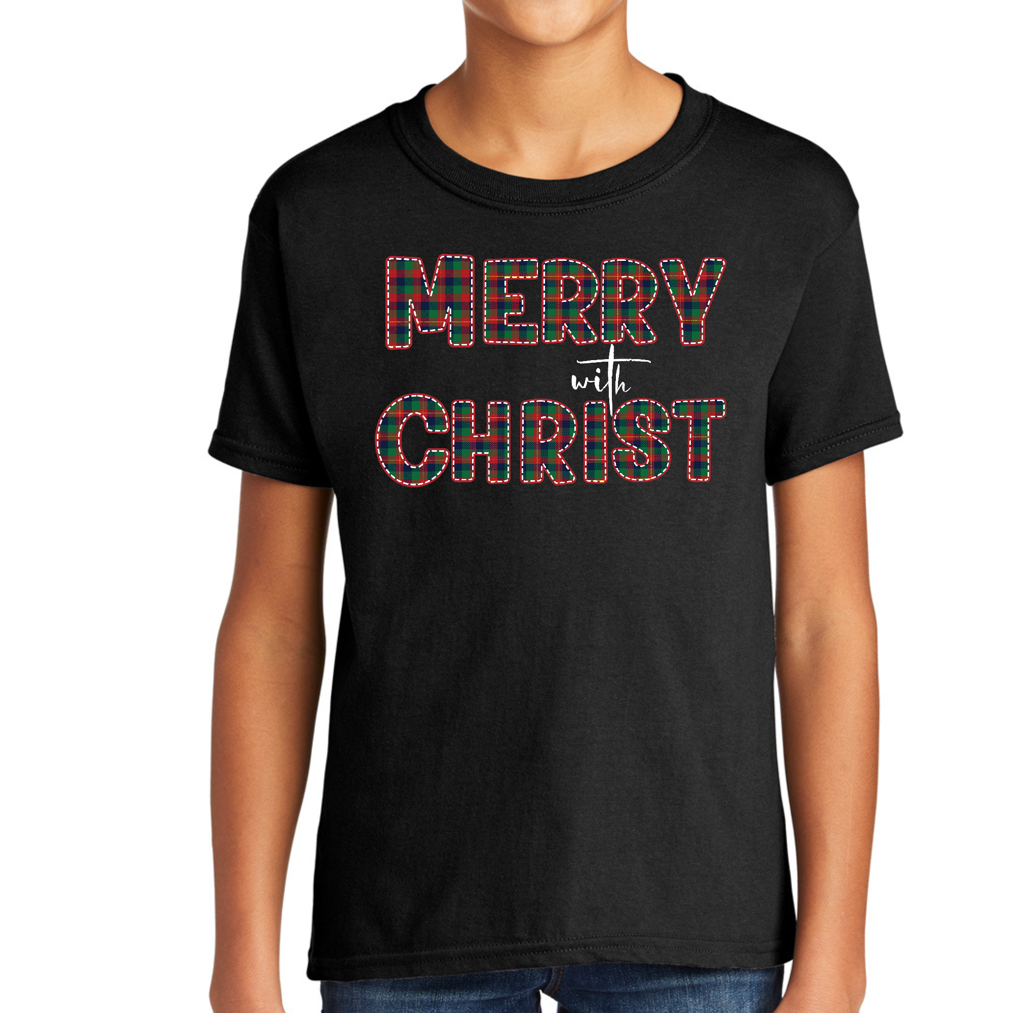 Youth short sleeve t-shirt in red and green plaid with Merry with Christ graphic, perfect for festive occasions.