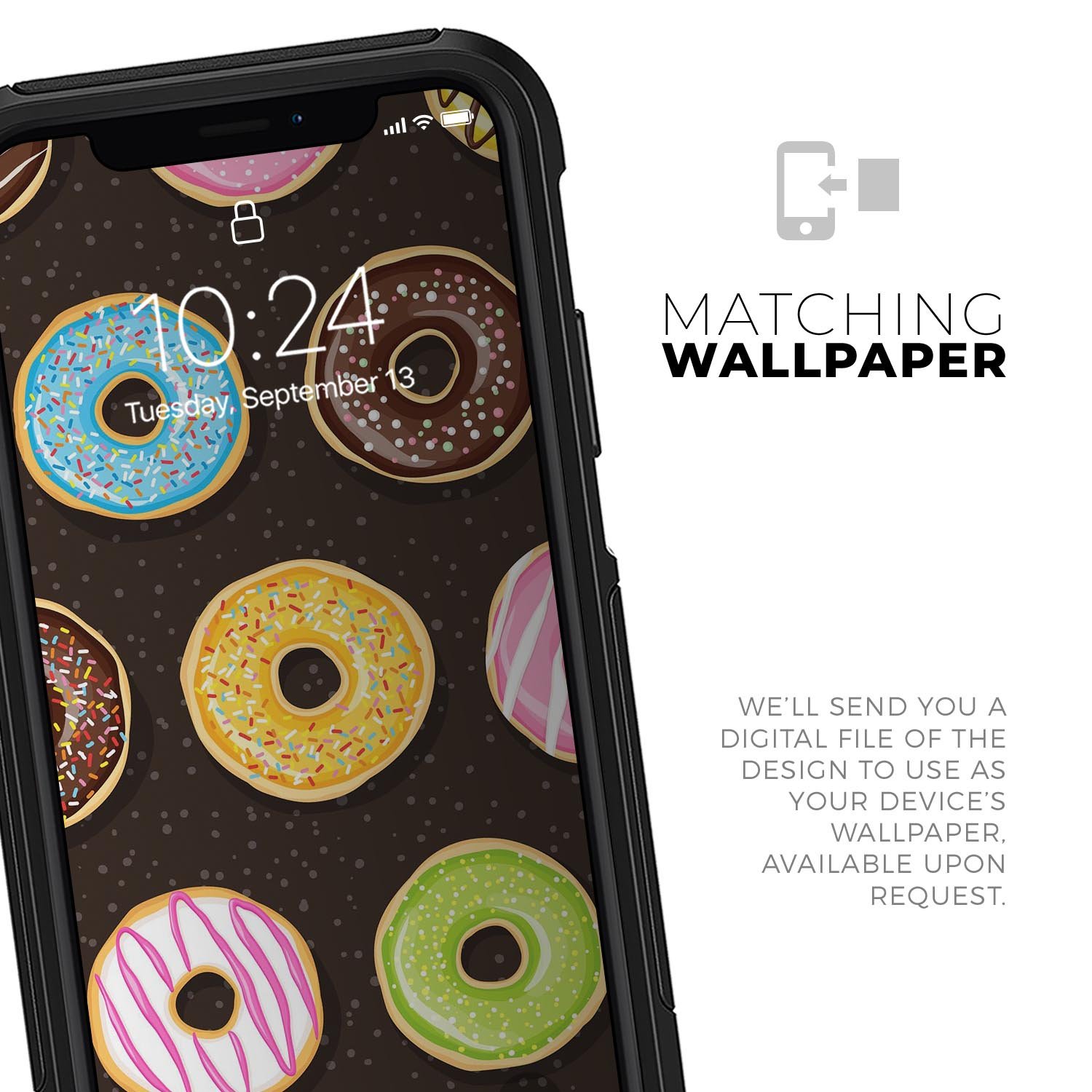 Phone displaying donuts wallpaper.