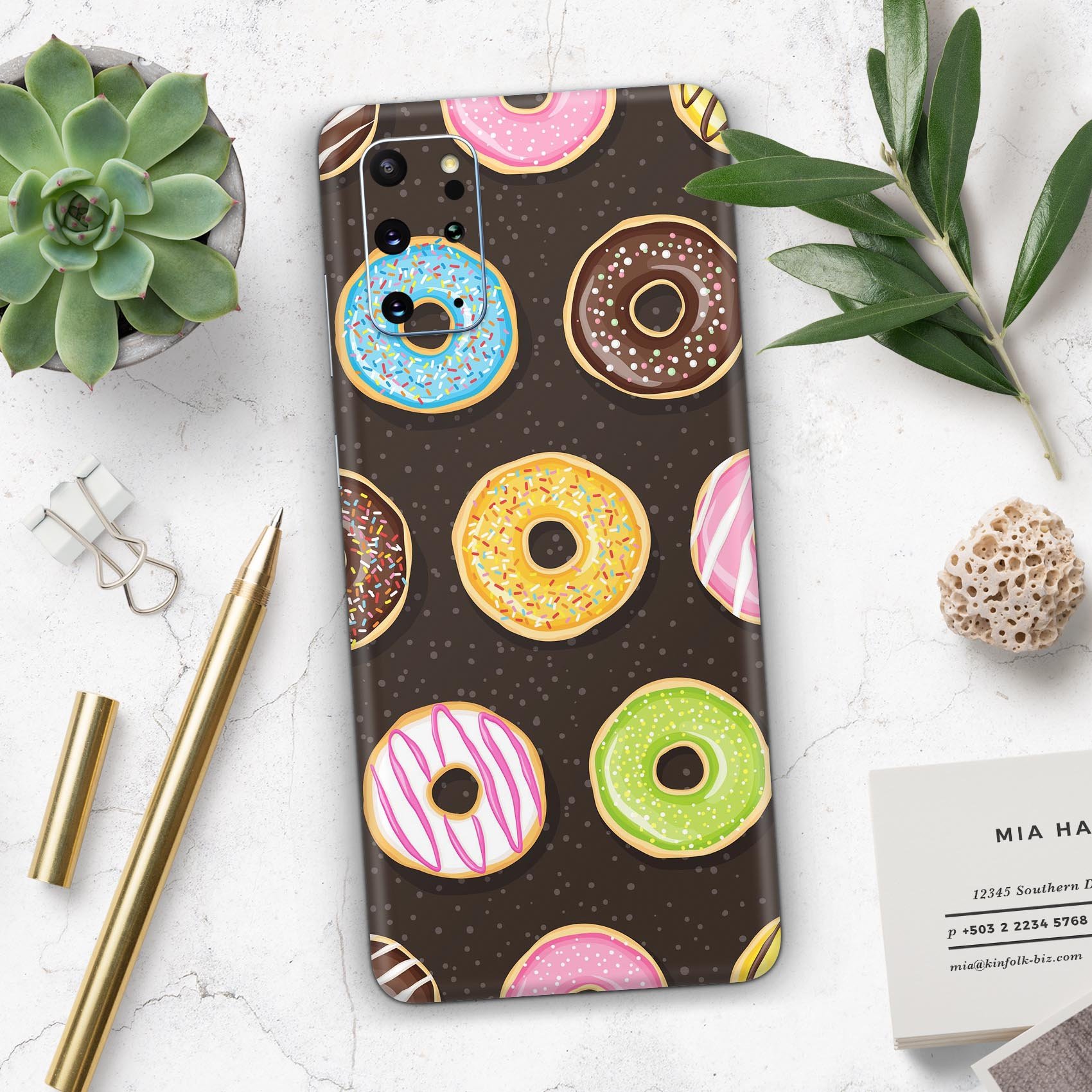 Yummy Colored Donuts skin for Samsung Galaxy S20, showcasing vibrant colors and a sleek design.