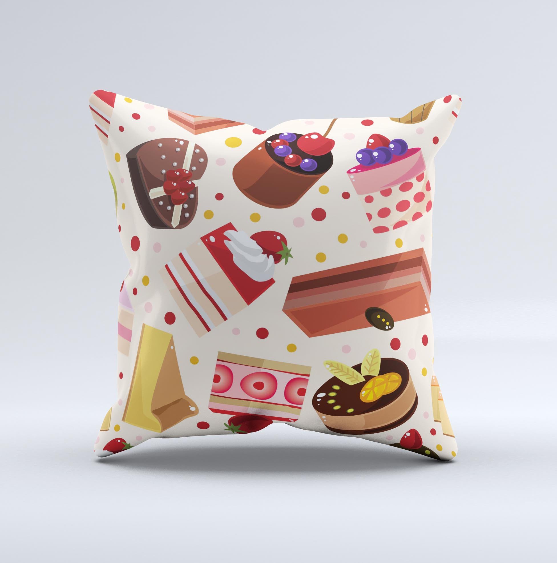 Yummy Dessert Pattern ink-Fuzed Decorative Throw Pillow featuring colorful dessert designs on a soft fabric.
