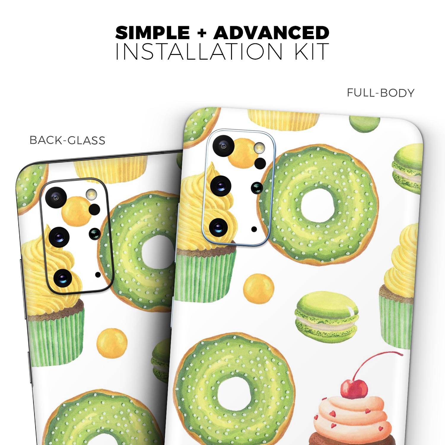 Yummy Galore Bakery Green Treats V1 Skin-Kit for Samsung Galaxy S20, showcasing vibrant design and premium vinyl material.