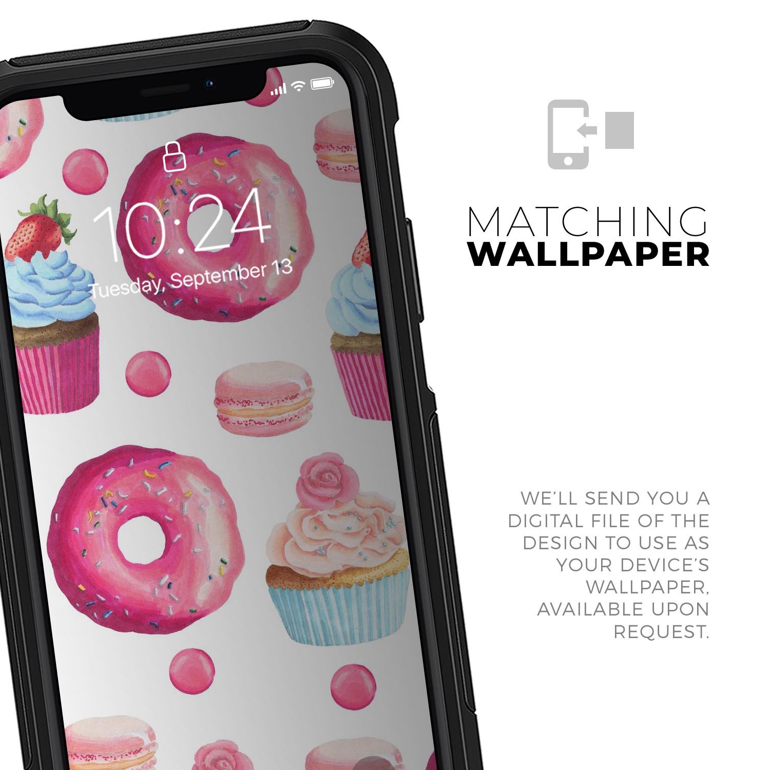 Yummy Galore Bakery Treats Skin Kit for iPhone OtterBox cases featuring a colorful dessert design.