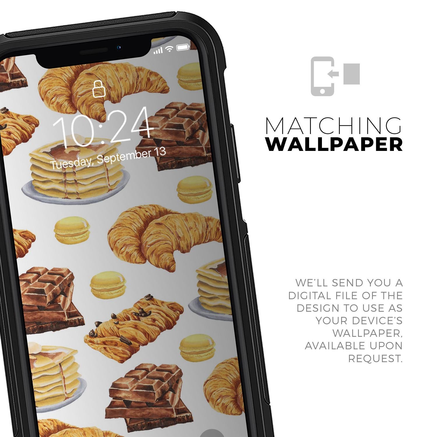 Smartphone with pastry-themed wallpaper.