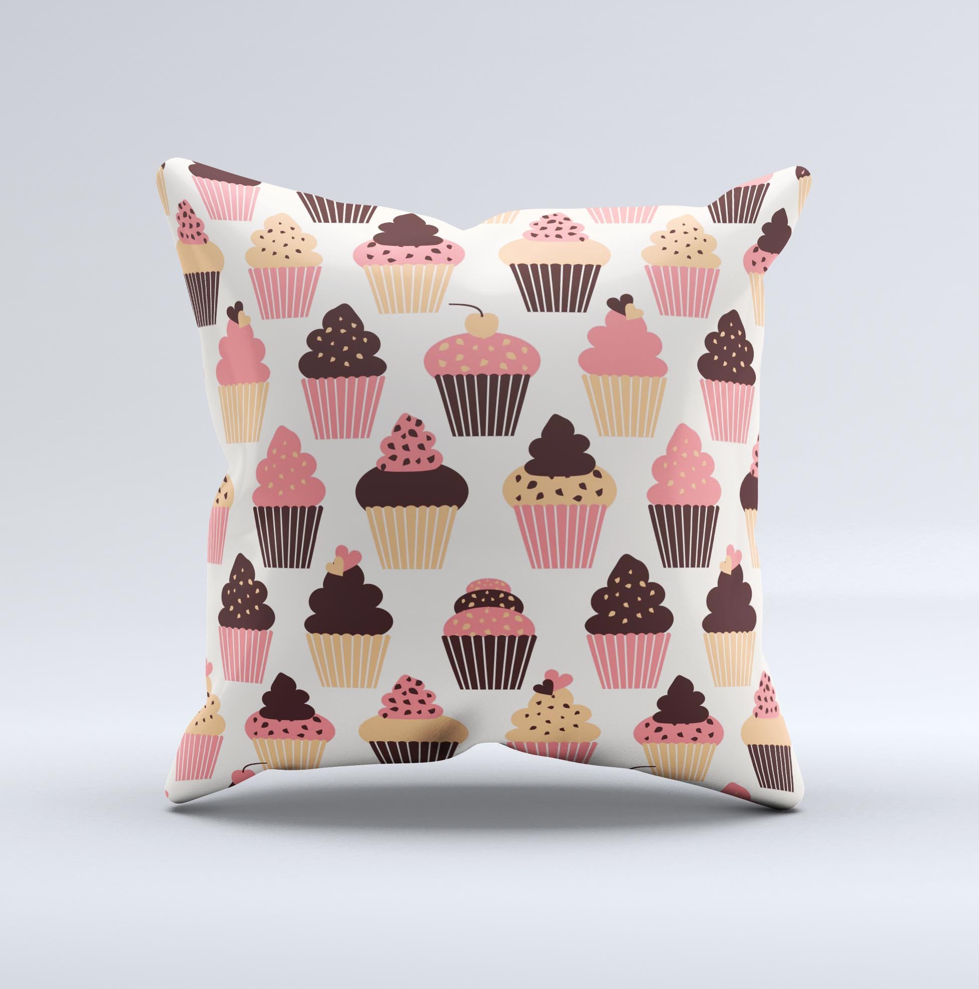 Yummy Subtle Cupcake Pattern Ink-Fuzed Decorative Throw Pillow featuring a whimsical cupcake design on a soft fabric.