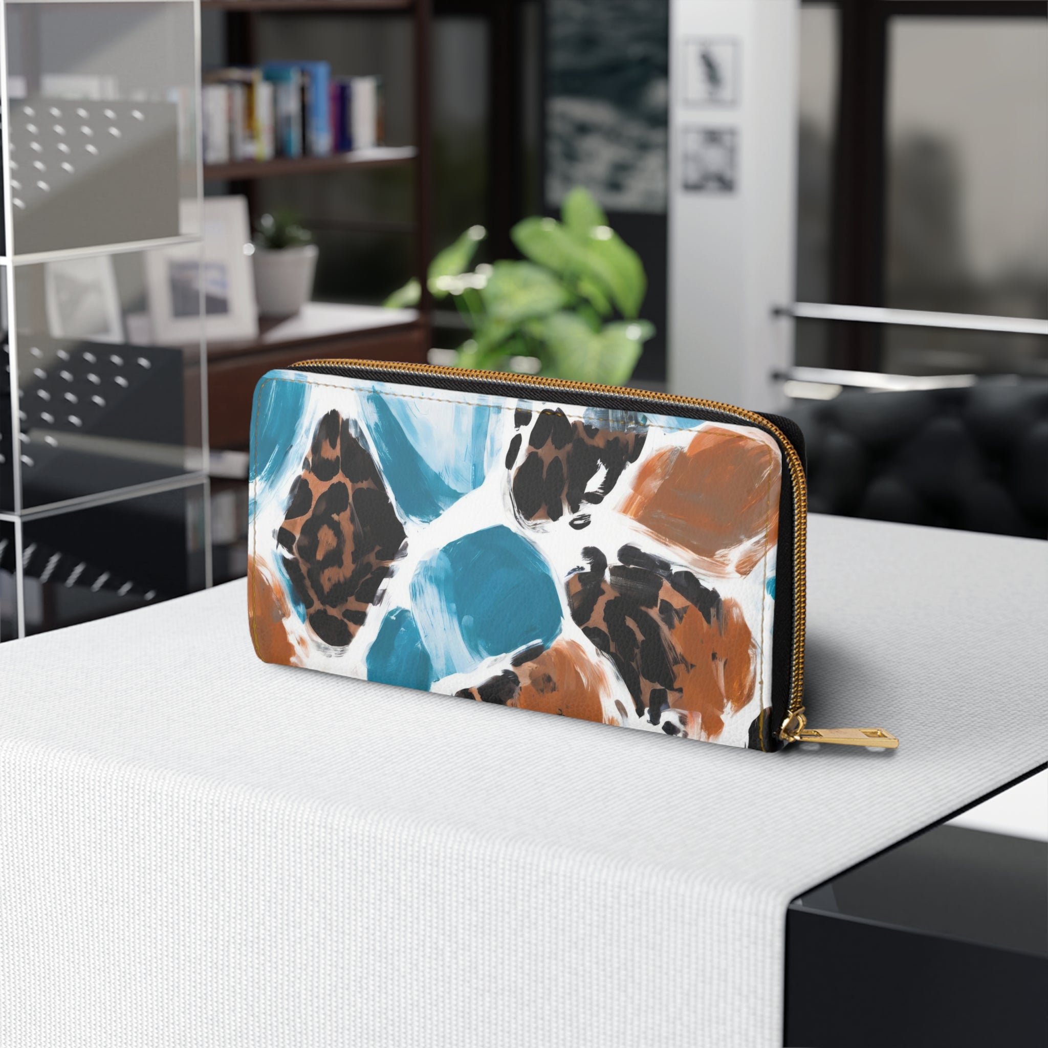 Light blue and brown spotted zipper wallet with alloy zipper and card slots.