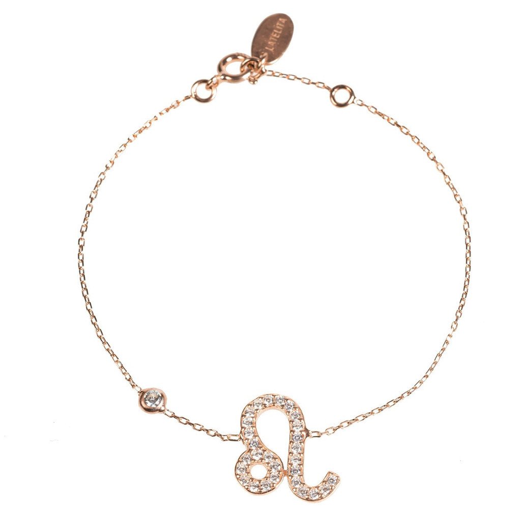 Zodiac Horoscope Star Sign Bracelet Leo made of 925 sterling silver with white zircons, adjustable size, and available in gold finishes.