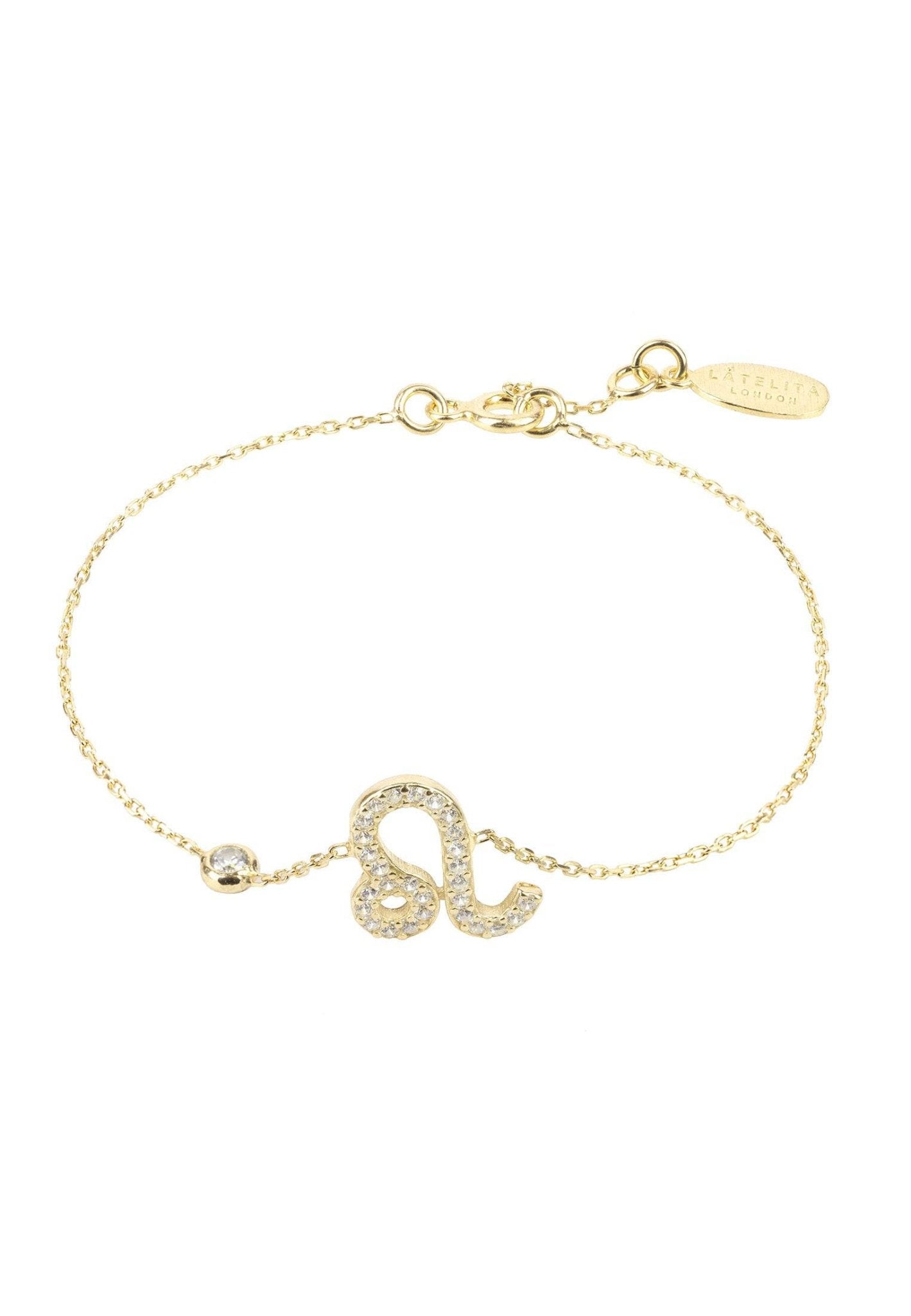 Zodiac Horoscope Star Sign Bracelet Leo made of 925 sterling silver with white zircons, adjustable size, and available in gold finishes.