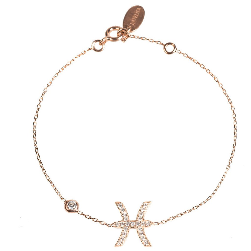 Zodiac Horoscope Star Sign Bracelet for Pisces, made of 925 sterling silver with white zircons, adjustable size, and available in gold and rose gold finishes.