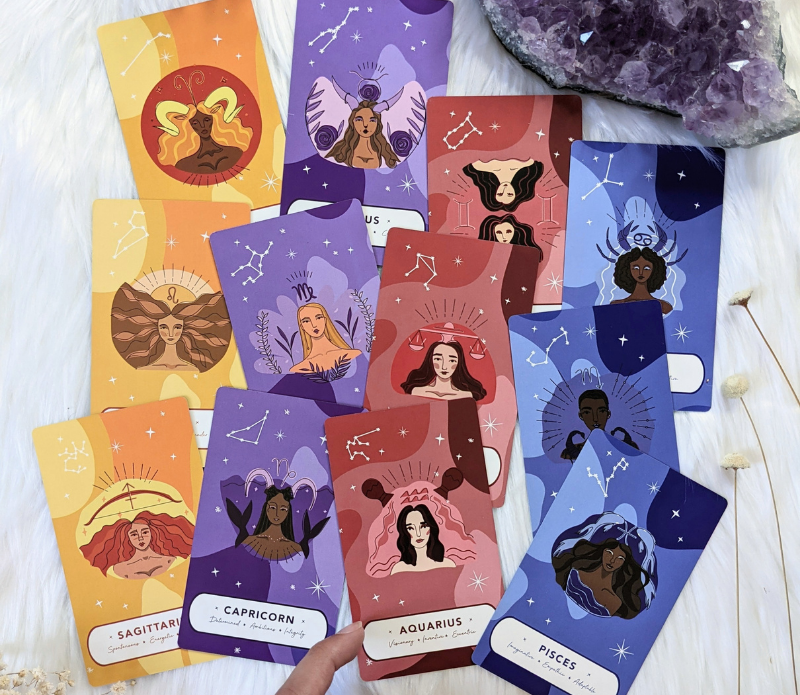 A beautifully designed set of Zodiac Oracle Trading Cards featuring 12 unique zodiac signs, perfect for intuitive guidance and spiritual connection.
