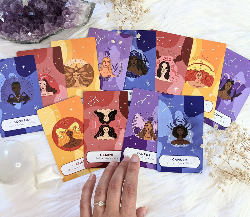 A beautifully designed set of Zodiac Oracle Trading Cards featuring 12 unique zodiac signs, perfect for intuitive guidance and spiritual connection.