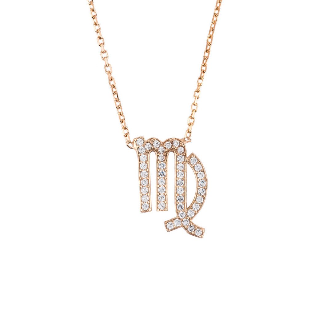 Rose gold Virgo zodiac star sign pendant necklace with white zircons, adjustable chain, and lobster clasp.