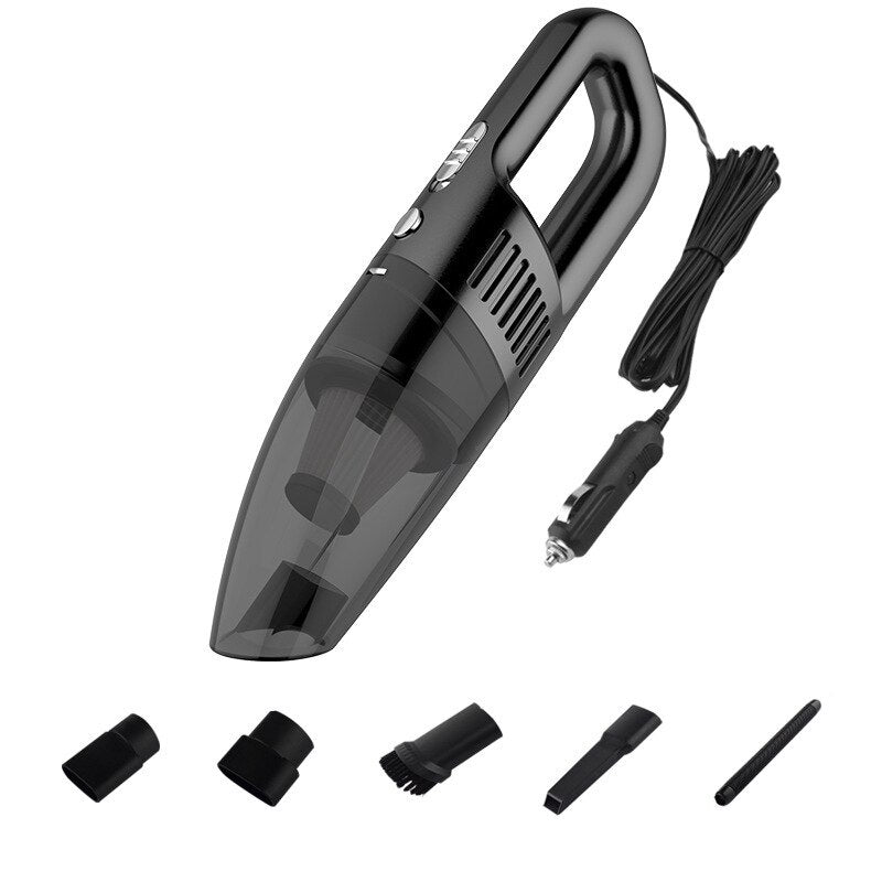 120W 12V car vacuum cleaner with multiple connectors and accessories for effective cleaning.