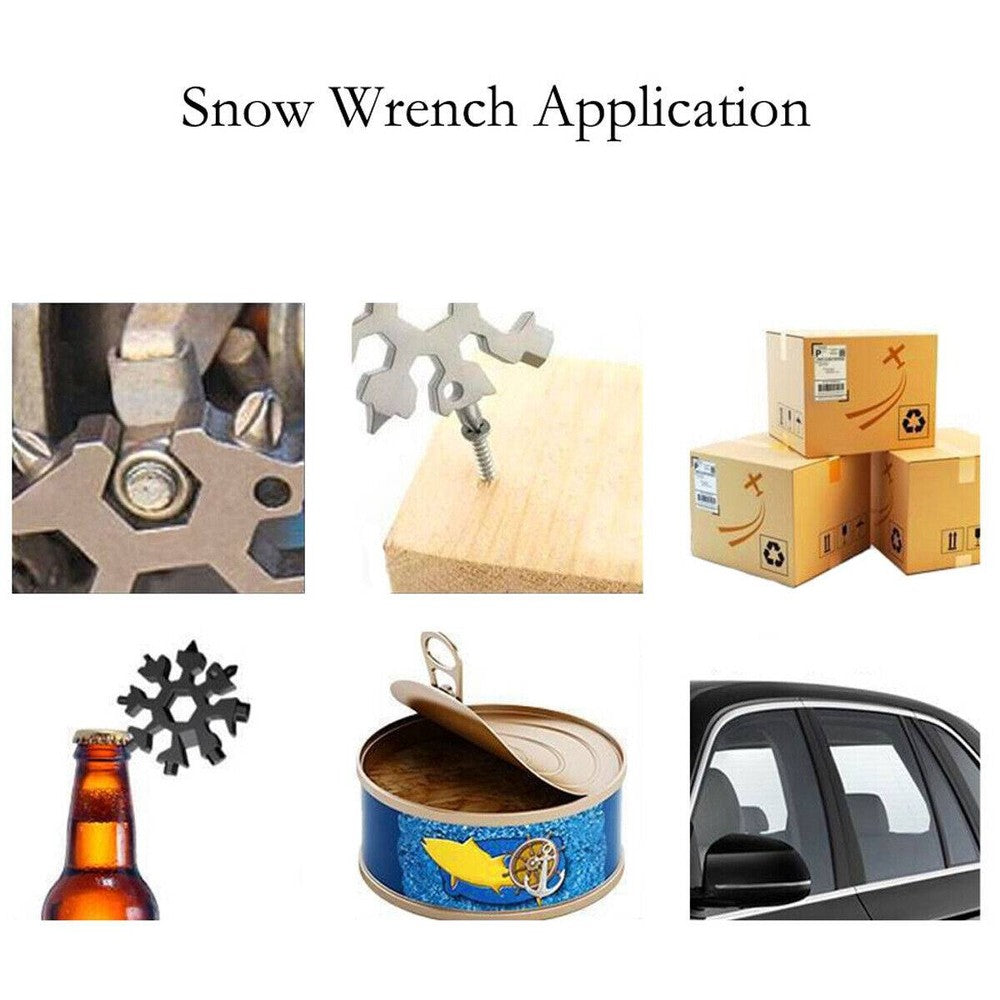 Three stainless steel snowflake-shaped multi-tools with various screwdrivers and hex wrenches, displayed with key rings.