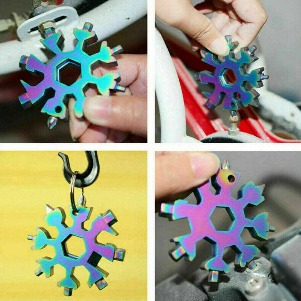 Three stainless steel snowflake-shaped multi-tools with various screwdrivers and hex wrenches, displayed with key rings.