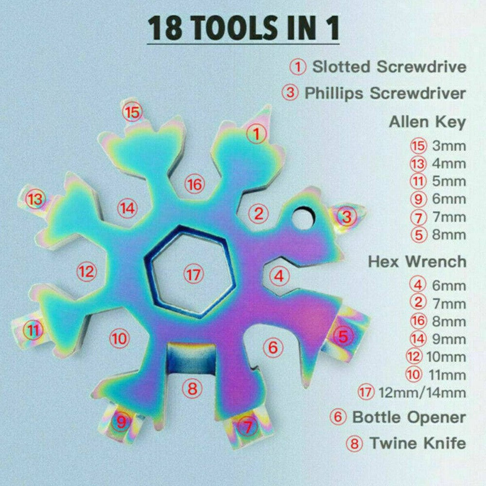 Three stainless steel snowflake-shaped multi-tools with various screwdrivers and hex wrenches, displayed with key rings.