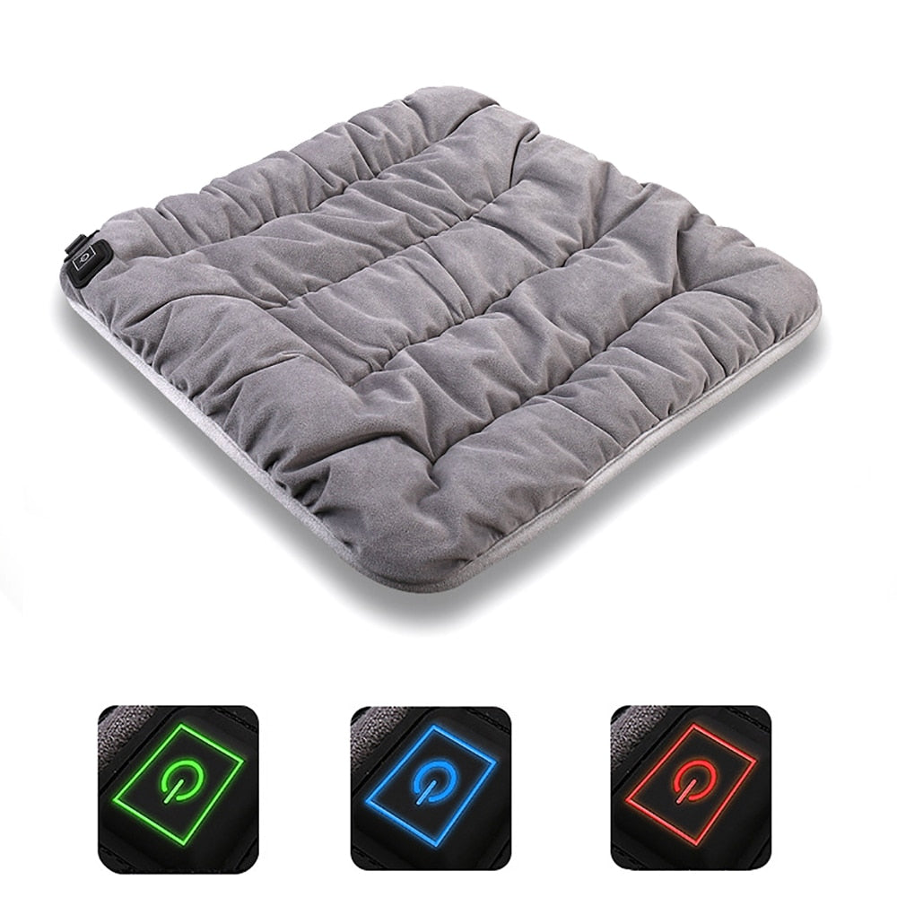 Adjustable Temperature Electric Heating Pad Cushion in gray, designed for chairs, cars, and pets, featuring USB power and non-slip fabric.