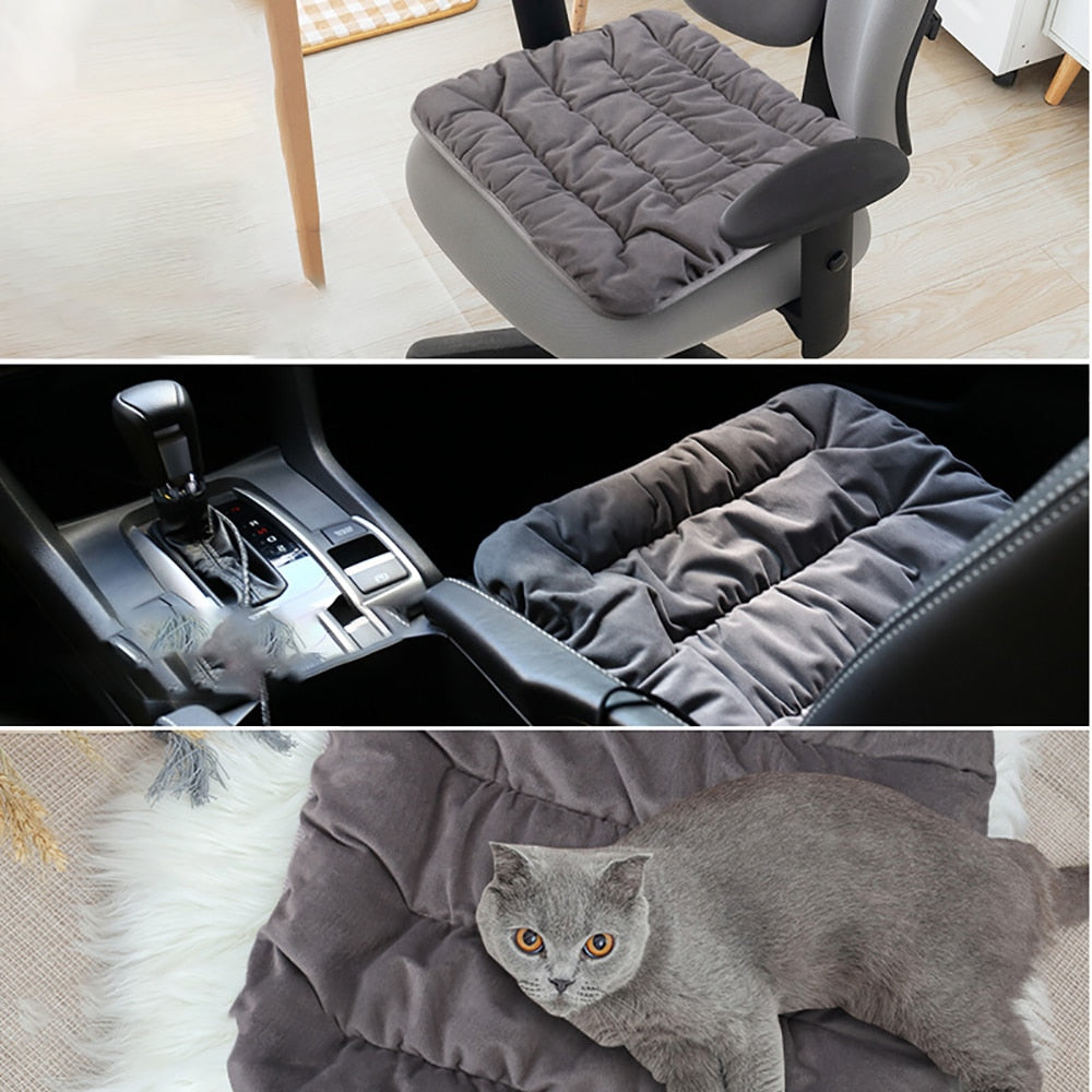 Adjustable Temperature Electric Heating Pad Cushion in gray, designed for chairs, cars, and pets, featuring USB power and non-slip fabric.