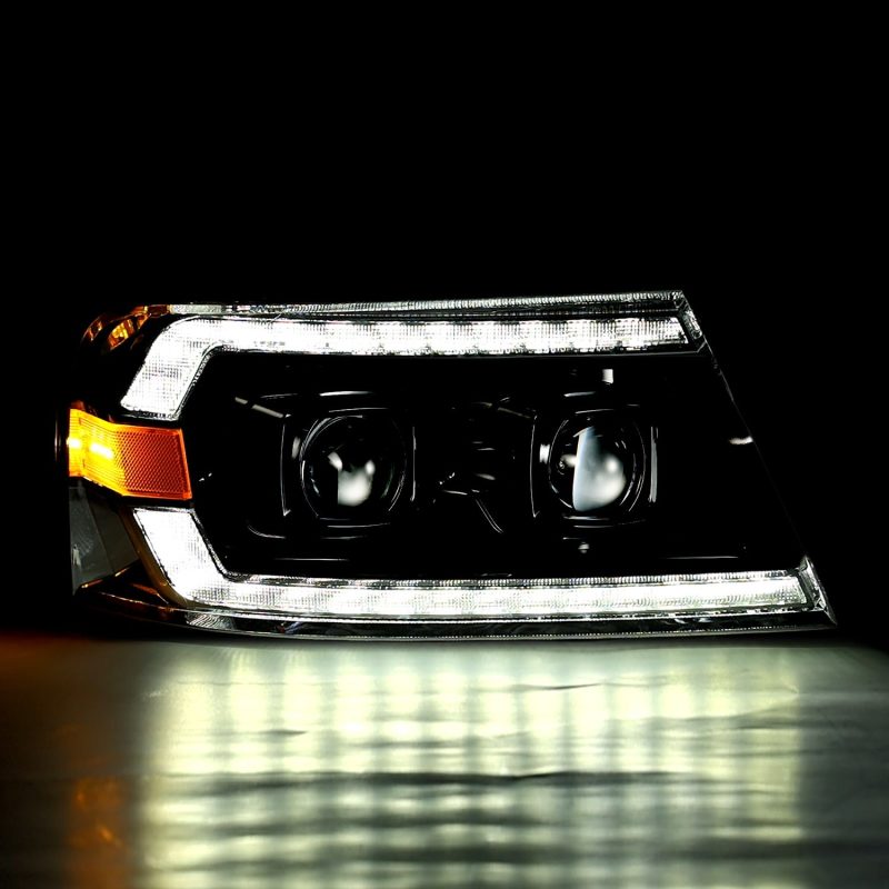 AlphaRex Chrome LUXX Series Projector headlights for 2004-2008 Ford F150, showcasing a sleek design and bright illumination.