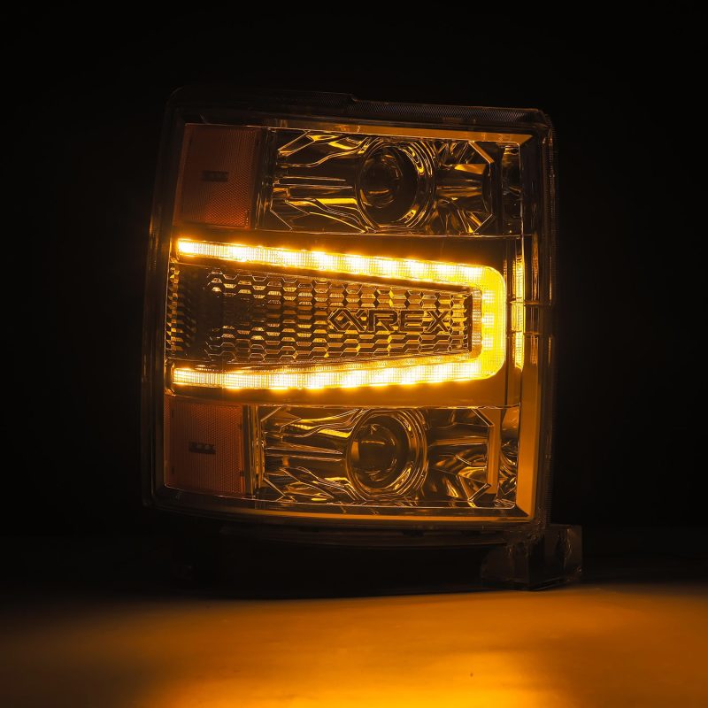 AlphaRex LUXX LED Projector Headlights for 04-15 Chevy Silverado, featuring a chrome finish and sequential activation.
