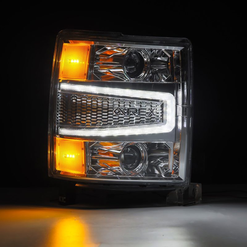 AlphaRex LUXX LED Projector Headlights for 04-15 Chevy Silverado, featuring a chrome finish and sequential activation.