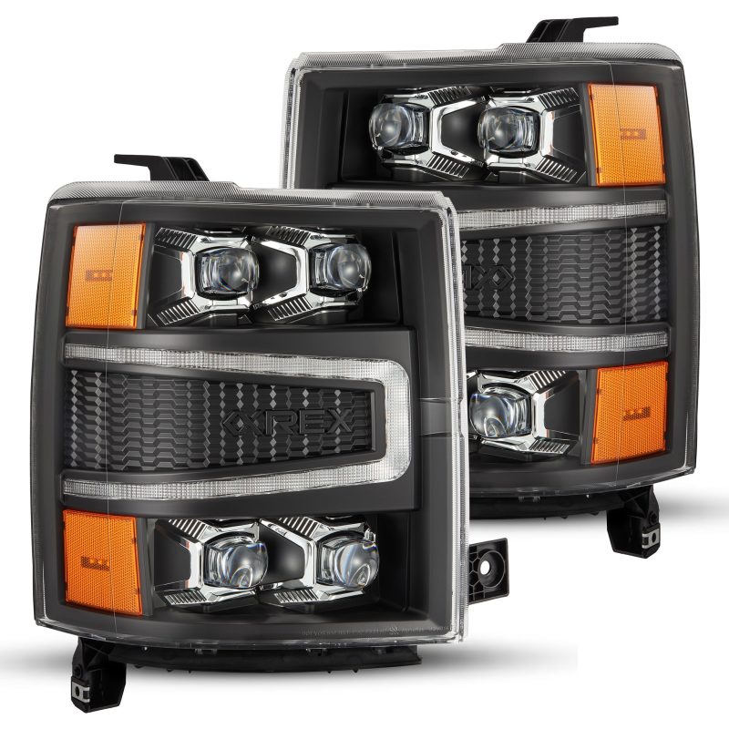 AlphaRex NOVA-Series LED projector headlights for 04-15 Chevy 1500HD in black finish, showcasing advanced lighting technology.