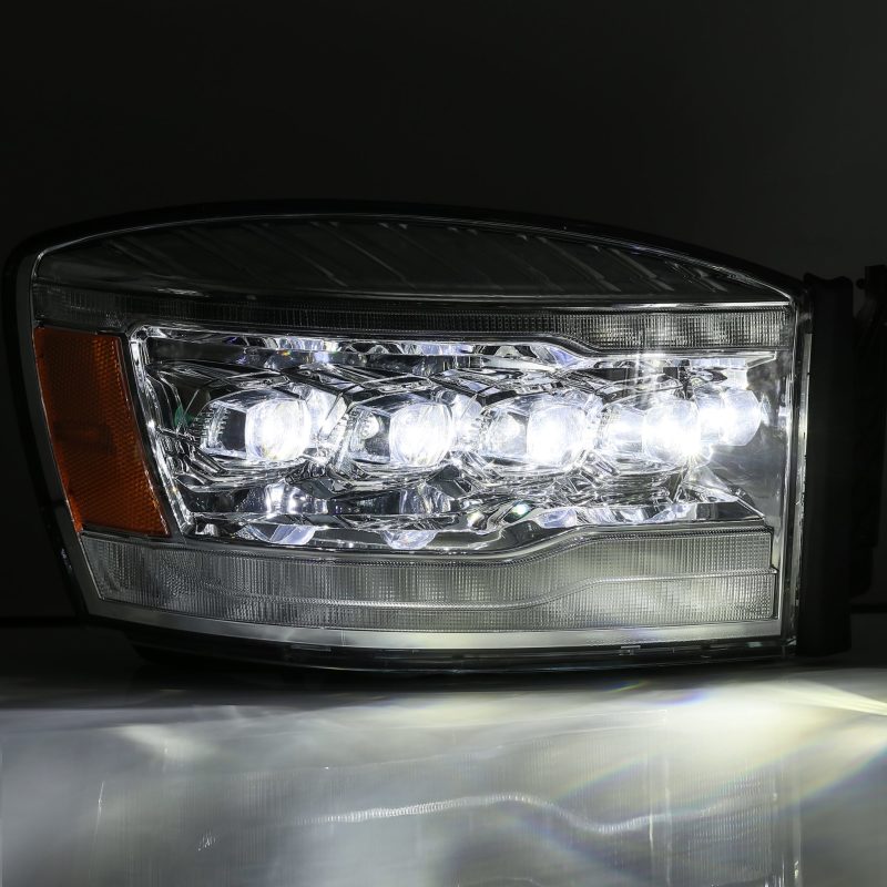 AlphaRex NOVA LED projector headlights for 06-08 Dodge Ram 1500HD, featuring a sleek plank style design and advanced lighting technology.