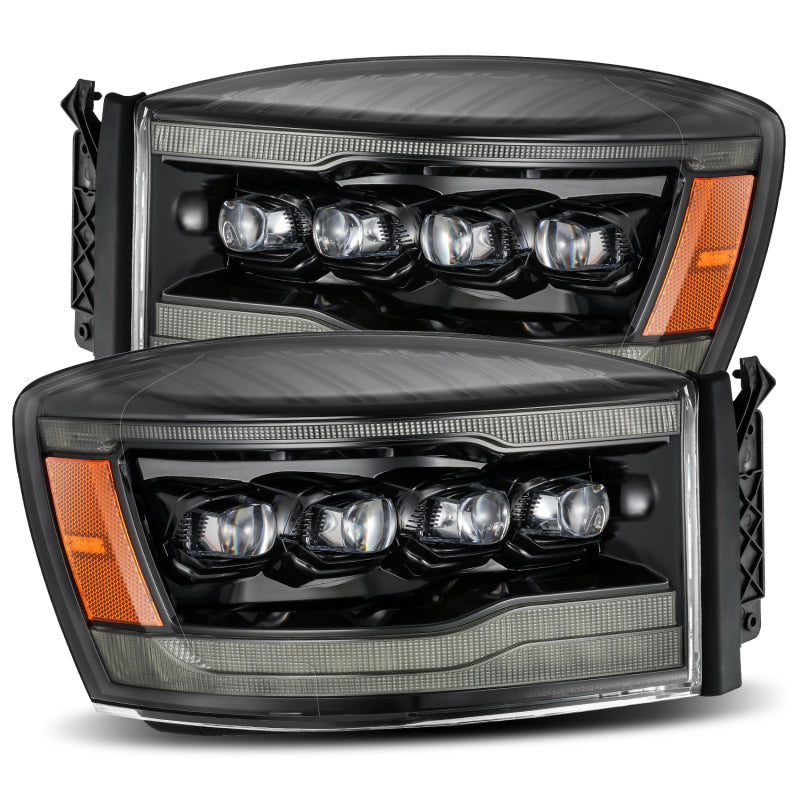 AlphaRex NOVA LED projector headlights for 06-08 Ram 1500HD, featuring Ice Cube 3D projector and Osram LED technology.