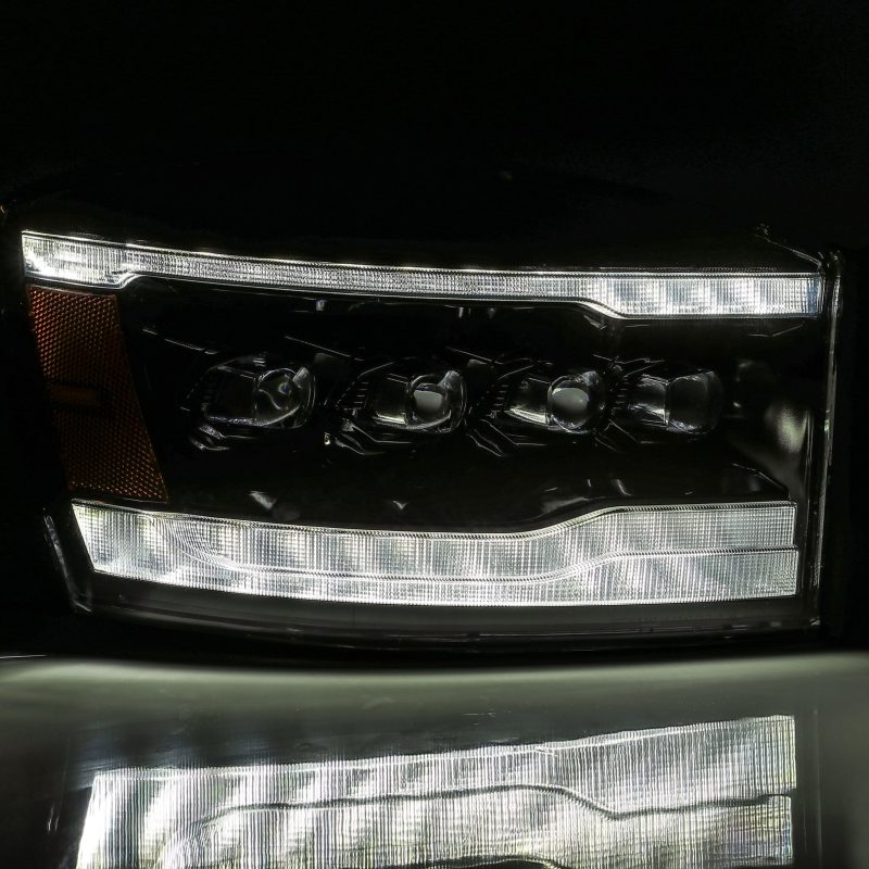 AlphaRex NOVA LED projector headlights for 06-08 Ram 1500HD, featuring Ice Cube 3D projector and Osram LED technology.