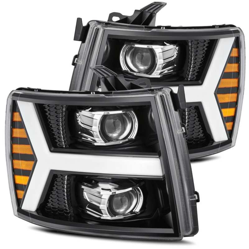 AlphaRex LUXX LED Projector Headlights for 07-13 Chevy 1500 in Jet Black finish, showcasing a modern plank style design.