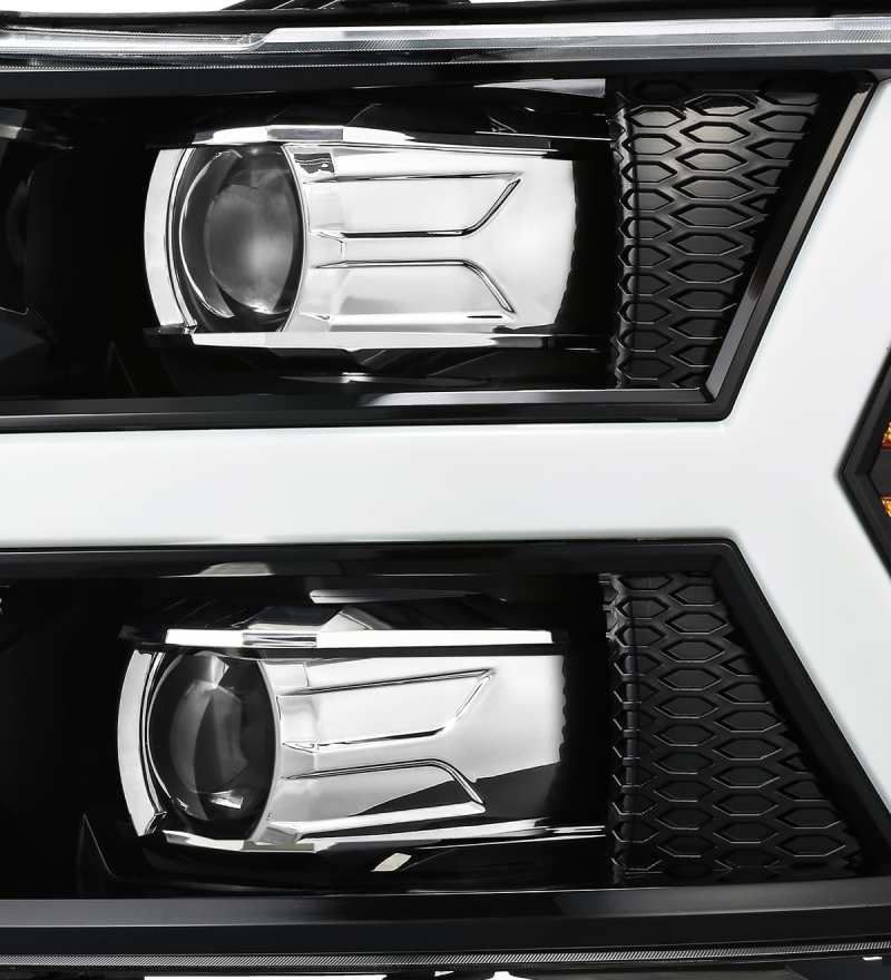 AlphaRex LUXX LED Projector Headlights for 07-13 Chevy 1500 in Jet Black finish, showcasing a modern plank style design.