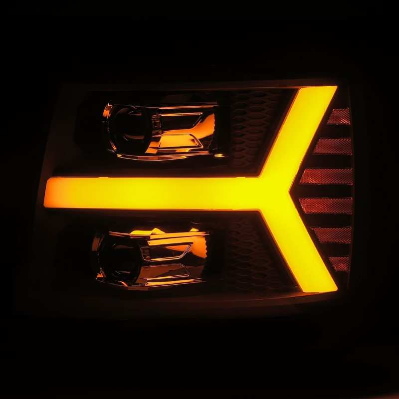 AlphaRex LUXX LED Projector Headlights for 07-13 Chevy 1500 in Jet Black finish, showcasing a modern plank style design.