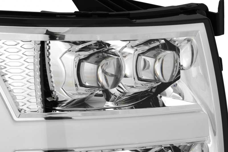 AlphaRex NOVA LED projector headlights for 2007-2013 Chevy Silverado 1500, featuring Ice Cube 3D projector technology and chrome finish.