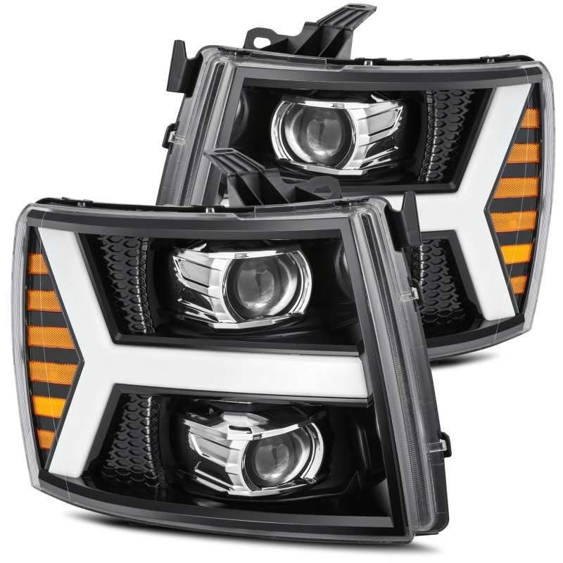 AlphaRex PRO-Series projector headlights for 07-13 Chevy Silverado 1500HD, featuring a sleek plank style design.