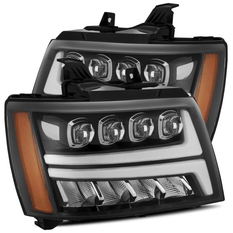AlphaRex NOVA LED projector headlights for 07-13 Chevy Avalanche, featuring a sleek plank design and advanced LED technology.