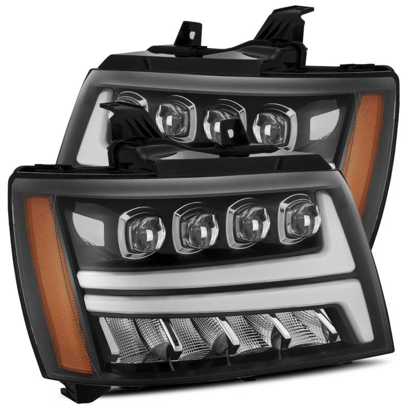 AlphaRex NOVA LED projector headlights for 07-13 Chevy Avalanche, featuring a sleek plank design and advanced LED technology.