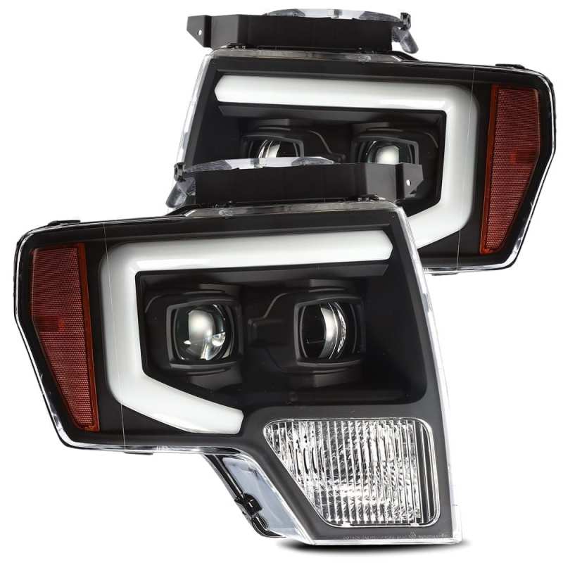 AlphaRex LUXX LED Projector Headlights for 2009-2014 Ford F-150, featuring a sleek black plank style design.