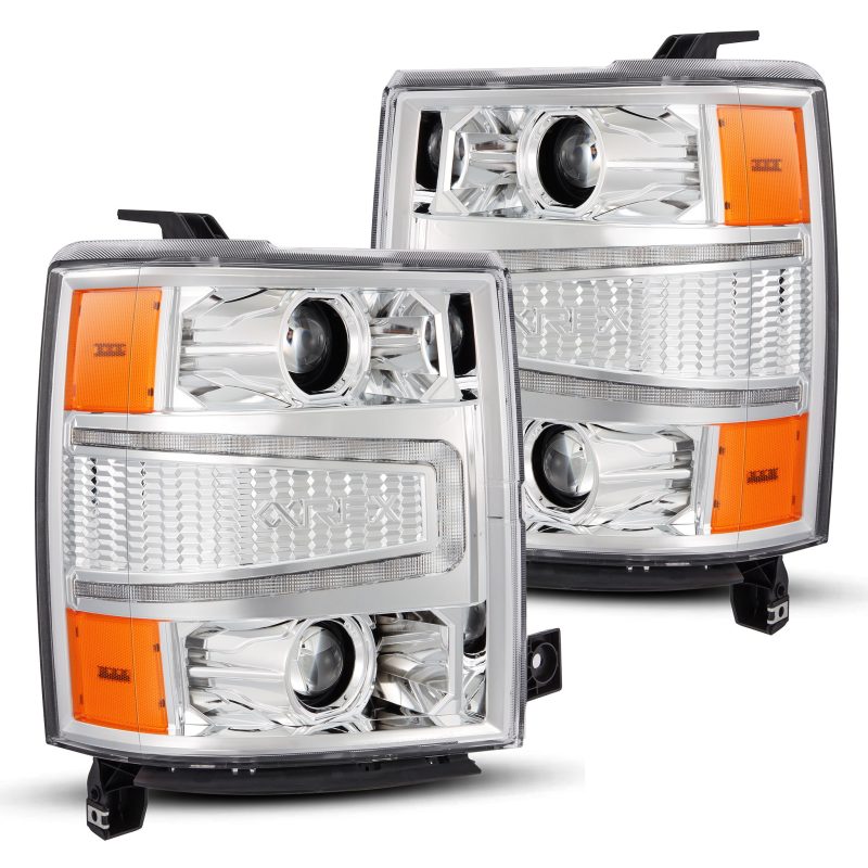 AlphaRex PRO-Series Projector Headlights for 2014-2015 Chevy Silverado 1500 in chrome finish with sequential LED turn signals.