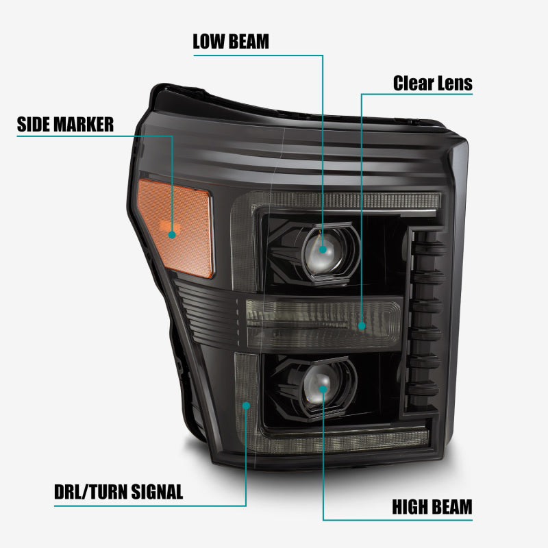 AlphaRex PRO-Series Projector Headlights for 2011-2016 Ford F-250, featuring a sleek plank style and advanced lighting technology.