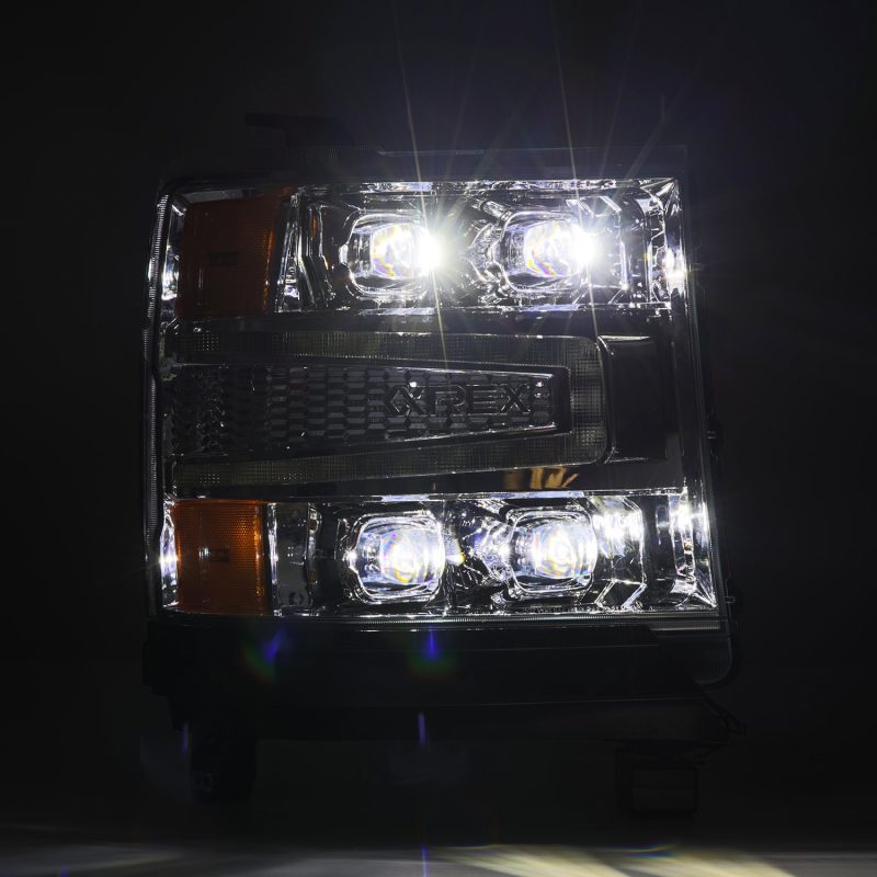 AlphaRex NOVA-Series LED projector headlights for 2016-2018 Chevy Silverado 1500, featuring a chrome finish and advanced LED technology.