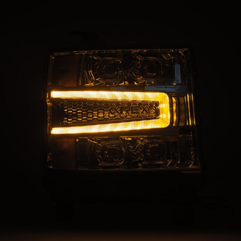 AlphaRex NOVA-Series LED projector headlights for 2016-2018 Chevy Silverado 1500, featuring a chrome finish and advanced LED technology.