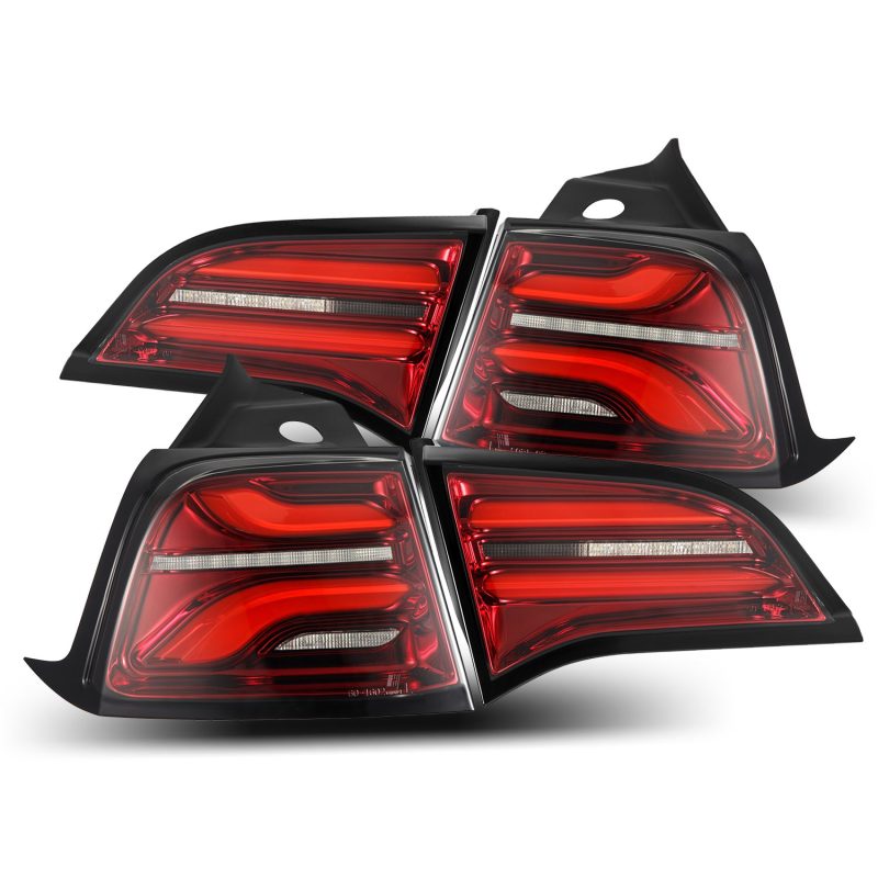 AlphaRex PRO-Series LED Tail Lights for Tesla Model 3 in Red Smoke finish, showcasing sleek design and bright LED illumination.
