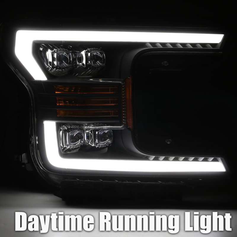 AlphaRex NOVA LED projector headlights for 2018-2019 Ford F-150, featuring a sleek plank style design and advanced LED technology.